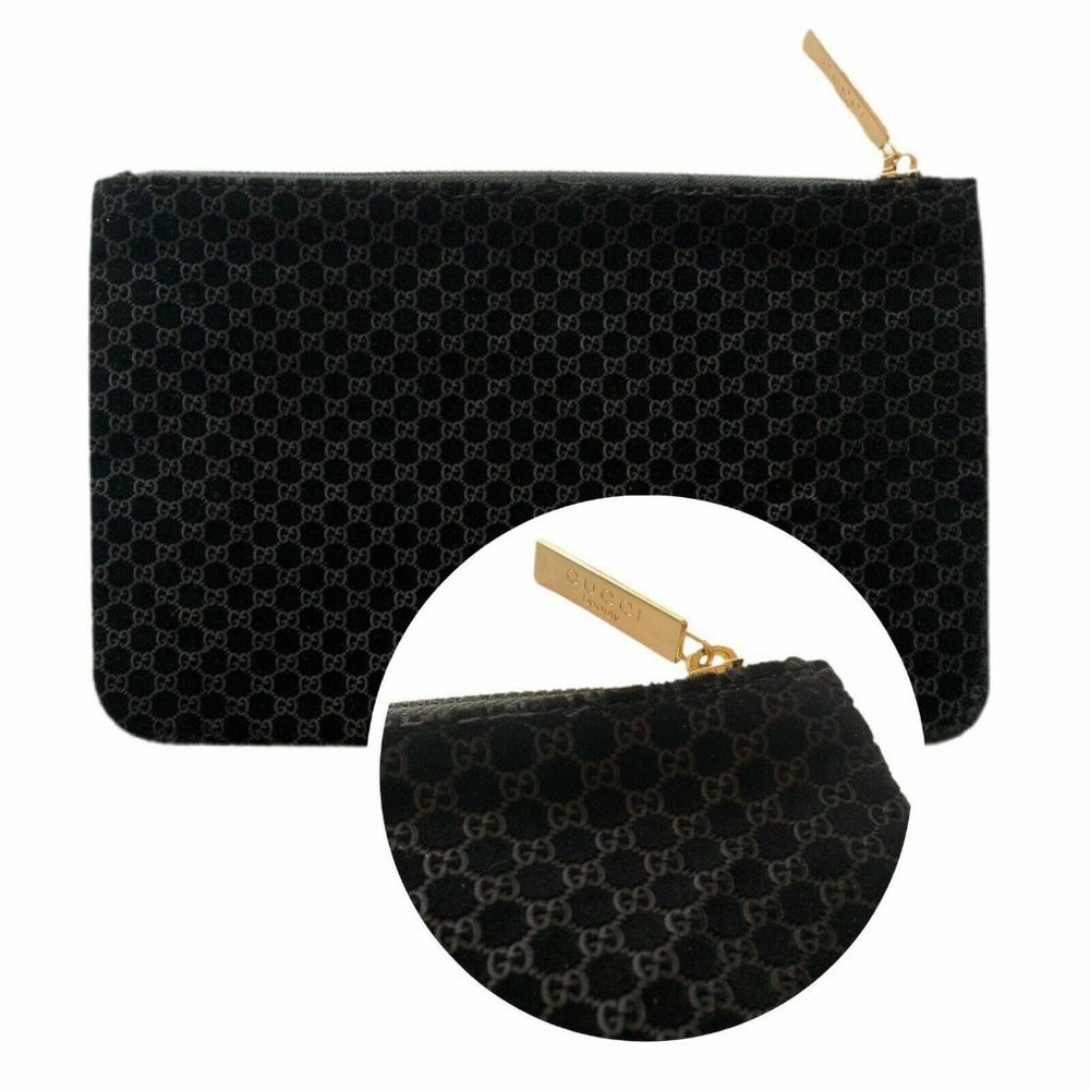 NEW! Authentic GG GUCCI Logo Black Velvet Pouch Purse Cosmetic Bag Embossed Rare